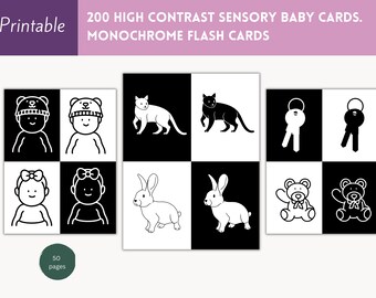 High Contrast Sensory Cards for Babies Infants Newborns Eyesight Stimulation Printable Montessori Development Flash Cards Black and White