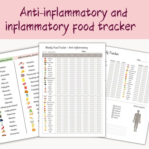 Tracker alimentare antinfiammatorio e antinfiammatorio - Registro sanitario stampabile - Monitoraggio della salute fisica - Diario alimentare - Download digitale