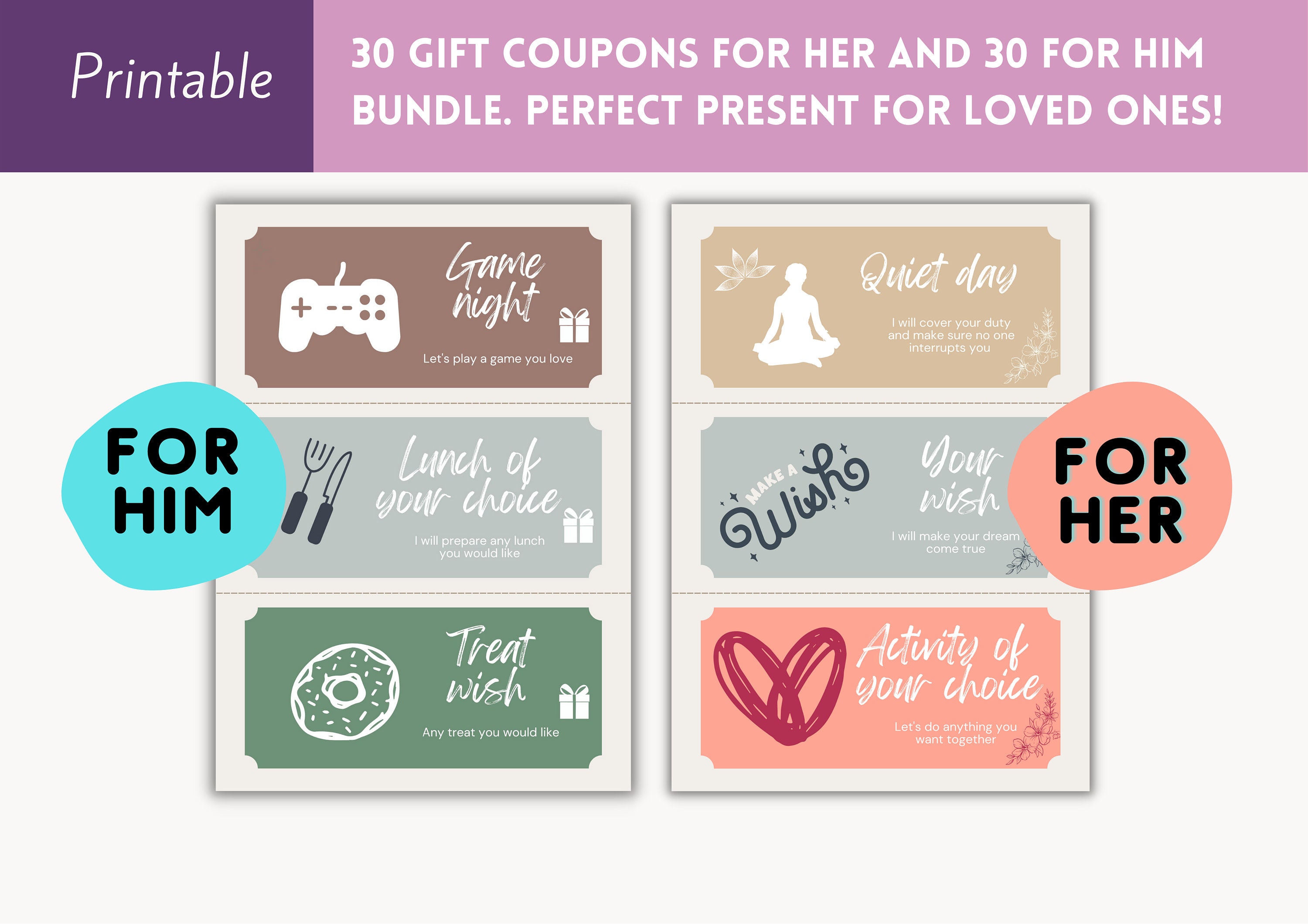 Gift Coupons for Her and for Him Bundle 60 Printable Gift - Etsy