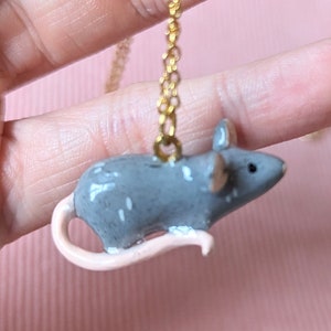 Necklace decorated with a small gray rat in fimo, mouse pendant