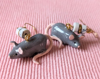 Rat earrings, in fimo, azurite and resin, mouse jewelry