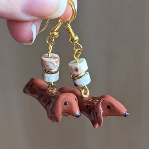 Kitsch dachshund earring, in fimo, azurite and resin image 1