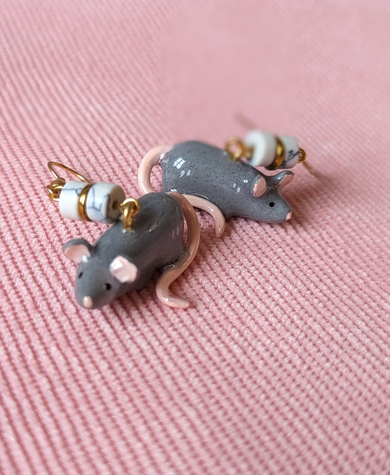 Boucle d'oreilles rats, en fimo, azurite et résine, bijou souris image 6
