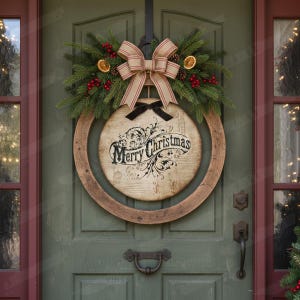 May include: A rustic Christmas wreath with a wooden frame and a circular sign that reads "Merry Christmas." The wreath is adorned with pine needles, red berries, dried orange slices, and a beige bow. The wreath hangs on a green door.