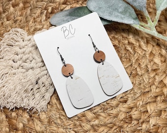 White Birch Cork Leather Earrings: Cherry Wood Accent, Boho Style