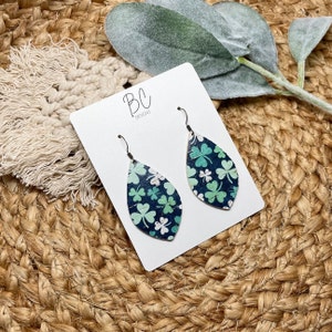 Shamrock cork on leather teardrop earrings, teardrop cork earrings, boho earrings, holiday earrings, minimalist, lightweight, girl gift