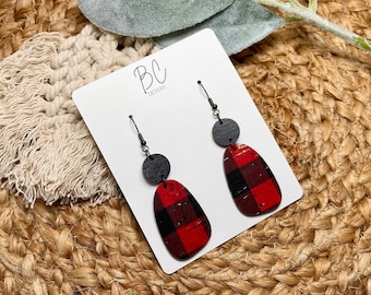 Red buffalo plaid cork on leather earrings with black wood accent, holiday earrings, lightweight earrings, Christmas earrings, boho, winter