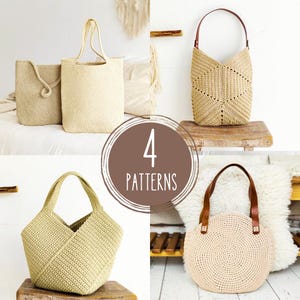 4 CROCHET PATTERNS, Crochet Pattern Bundle,  Easy Pattern PDF,  Shoulder Summer Bag, Tote bag, Boho Beach bag, Crochet gift for mom diy