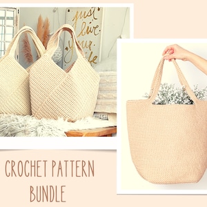 Häkelmuster Bundle, 2 gehäkelte Einkaufstaschen Muster, gehäkelte Sommertasche, Boho Strandtasche, Schultertasche, wiederverwendbare Einkaufstasche Geschenk für Mama DIY