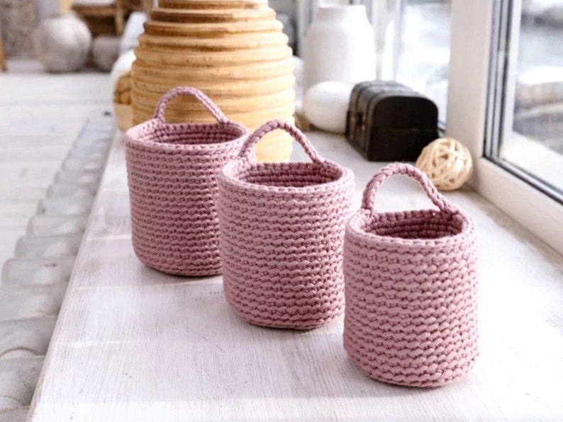 Crochet Pattern Bundle, Set of 3 Hanging basket Pattern, Teardrop basket Tutorial, Storage and Organization at Home, Easter gift for mom DIY image 5