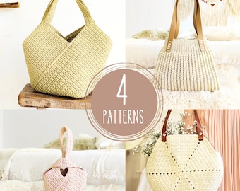 4-in-1 Häkeltasche Muster Bundle PDF - Sparen Sie 30%, machen Sie das perfekte handgemachte Geschenk! Umhängetasche, Henkeltasche, Hexagon Tasche, Knotentasche