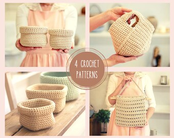 Puede incluir: Cuatro patrones de ganchillo para cestas y bolsos. Los patrones incluyen una cesta redonda pequeña, una cesta redonda grande, una cesta rectangular y un bolso de mano con asa.