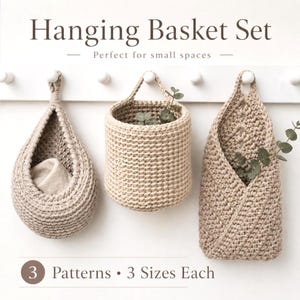 Paquete de patrones de cestas de ganchillo, conjunto de patrones de cestas colgantes de ganchillo, cesta en forma de lágrima, cesta tipo sobre, patrón en PDF, 3 tamaños de cada una, regalo DIY