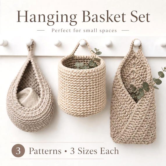 Crochet Basket Pattern Bundle, Hanging Basket Crochet Pattern Set