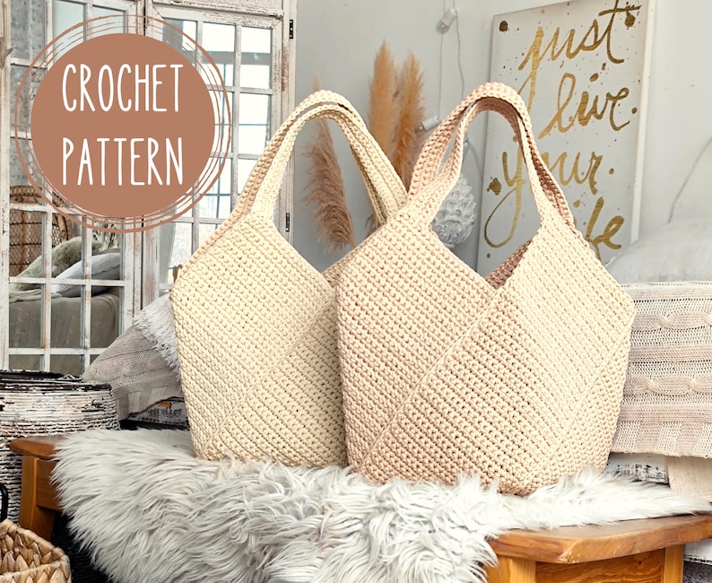 Crochet Tote Bag PATTERN, gift for mom DIY, Beach Bag, Shoulder Bag, Summer Bag, Large Shopping Bag, Boho bag, Easter gift, womens purse image 1