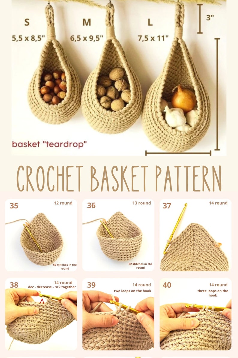 Crochet PATTERN, Teardrop Basket, Hanging Basket, Storage Basket, Easter gift DIY, Gift for mom, Crochet Boho Home Decor, Kitchen storage image 3