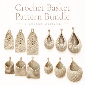 Set van 4 haakpatronen, gehaakte mand, hangende opbergmand doe-het-zelf, keukenopberger, badkamerinrichting, cadeau voor moeder, boho woondecoratie