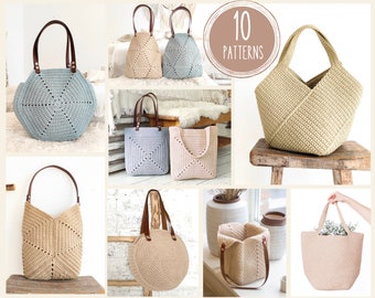 Set of 10 Crochet Bag Patterns, Crochet Tote Bag Pattern, Christmas gift for mom, Summer Bag Pattern, Shoulder Bag Pattern, Woman Boho Bag