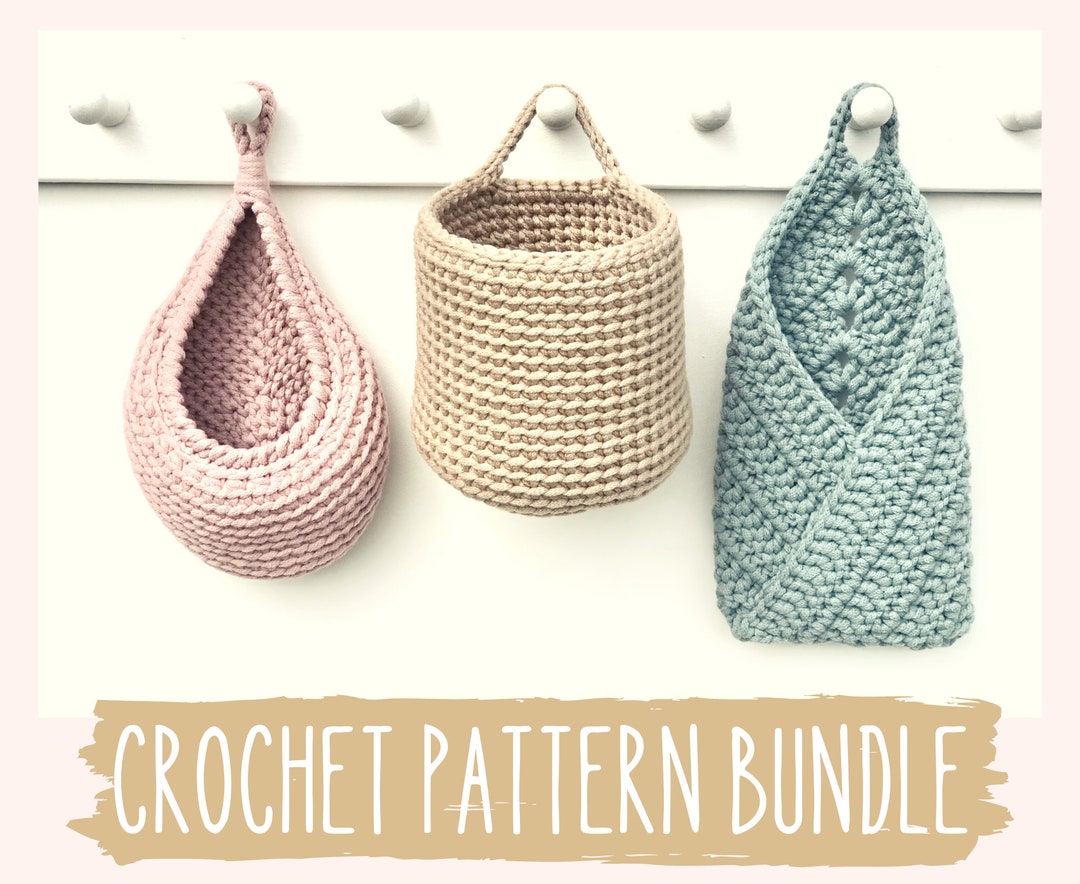 Crochet Pattern Bundle, Set of 3 Hanging basket Pattern, Teardrop basket Tutorial, Storage and Organization at Home, Easter gift for mom DIY