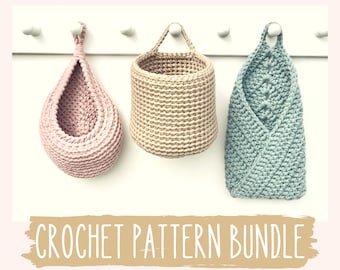 Crochet Pattern Bundle, Set of 3 Hanging basket Pattern, Teardrop basket Tutorial, Storage and Organization at Home, Easter gift for mom DIY