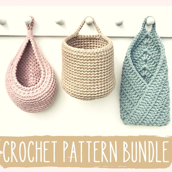 Crochet Pattern Bundle, Set of 3 Hanging basket Pattern, Teardrop basket Tutorial, Storage and Organization at Home, Easter gift for mom DIY