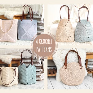 4 Crochet Bag Patterns, Crochet Tote Bag DIY,  Christmas gift for mom, Summer Bag Pattern, Shoulder Bag Pattern, Grocery Bag Pattern