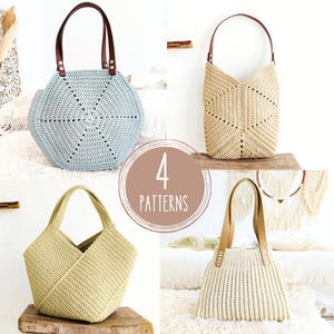 May include: Four crochet bag patterns are shown, each with a distinct design. The bags vary in shape and colour, including light blue and beige. All bags feature brown leather handles. The image includes the text "4 PATTERNS" in a circular design.