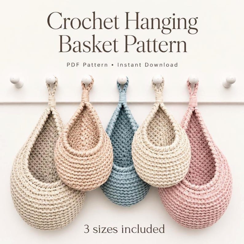 Crochet PATTERN, Teardrop Basket, Hanging Basket, Storage Basket, Easter gift DIY, Gift for mom, Crochet Boho Home Decor, Kitchen storage image 1
