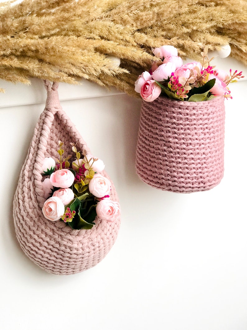 Crochet Pattern Bundle, Set of 3 Hanging basket Pattern, Teardrop basket Tutorial, Storage and Organization at Home, Easter gift for mom DIY image 3