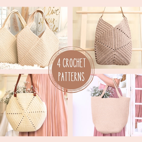 Crochet Pattern Bundle, 4 Crochet Bag Patterns, Easy Pattern PDF,  Shoulder Summer Bag, Tote bag, Boho Beach bag, Crochet gift for mom DIY