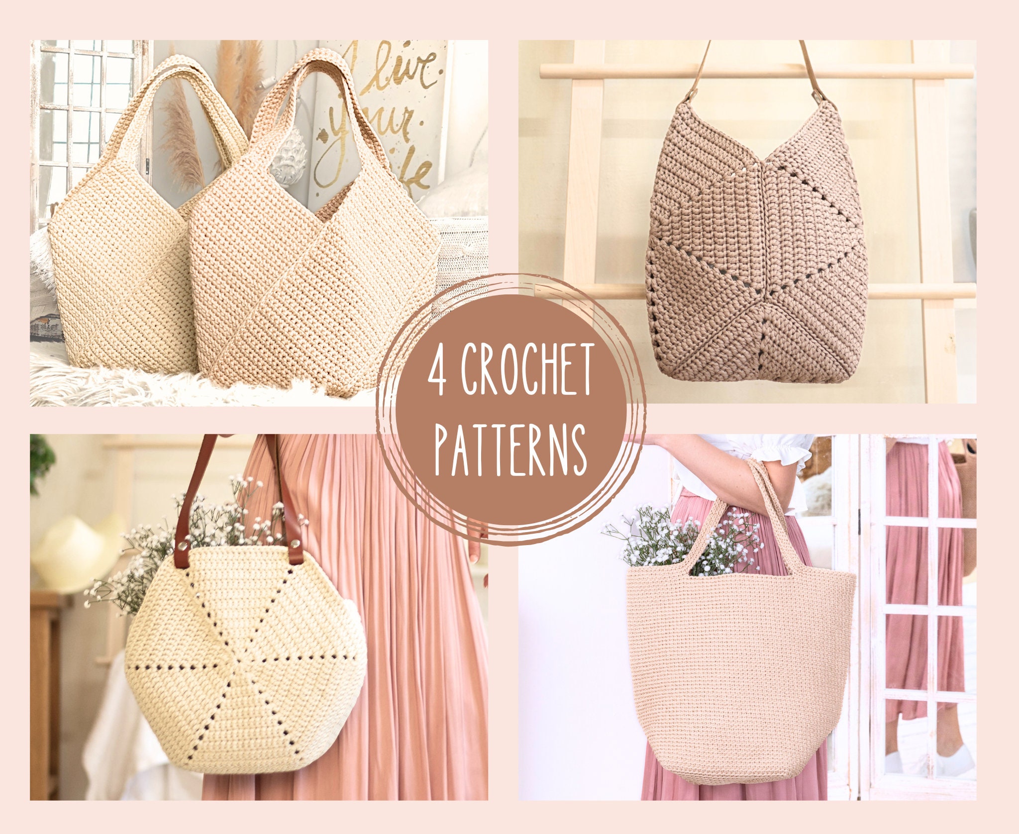 Paquete de patrones de ganchillo 4 patrones de bolsos de ganchillo PDF de patron facil bolso de hombro de verano bolso de mano bolso de playa boho regalo de ganchillo para mama