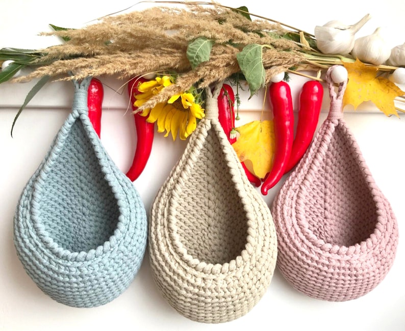 Crochet Pattern Bundle, Set of 3 Hanging basket Pattern, Teardrop basket Tutorial, Storage and Organization at Home, Easter gift for mom DIY image 10