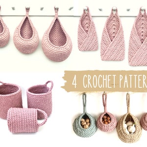 Crochet Pattern Bundle, 4 Basket Patterns, Hanging Storage Basket DIY, kitchen storage, bathroom organization, housewarming  gift, farmhouse