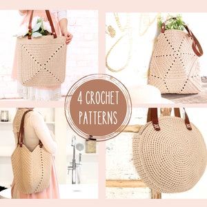 Crochet Pattern Bundle, 4 Crochet Bag Patterns, Granny Square bag, Round Bag, Tulip Bag, Shoulder Women's handbag, Boho Summer Beach bag