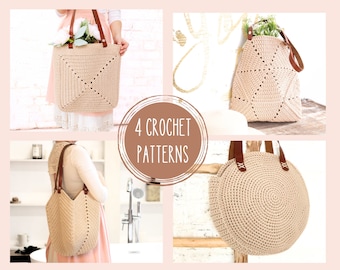 Crochet Pattern Bundle, 4 Crochet Bag Patterns, Granny Square bag, Round Bag, Tulip Bag, Shoulder Women's handbag, Boho Summer Beach bag