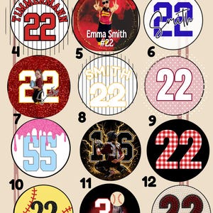 May include: A collection of twelve circular graphic designs featuring sports-themed motifs, including player numbers like 22 and 55, names such as Smith and Timmermann, baseball patterns, glitter textures, and photographic action shots of athletes.