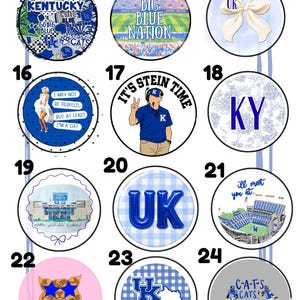 May include: A collection of twelve circular buttons featuring various University of Kentucky themed designs, including stadium illustrations, text like Big Blue Nation, UK logos, a mascot, and sports-related graphics in blue, white, and grey.