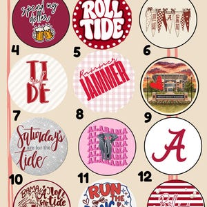 May include: A collection of twelve circular designs featuring Alabama Crimson Tide themes. Graphics include text like Roll Tide, Rammer Jammer, and Saturday's are for the tide, illustrations of an elephant, Bryant-Denny Stadium, and football imagery.