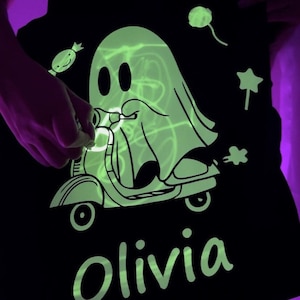Personalized Glow in the Dark Halloween Biker Ghost Tote for Kids, Spooky Gift for Toddler, Trick or Treat Bags, Fun bag with glow pen gift