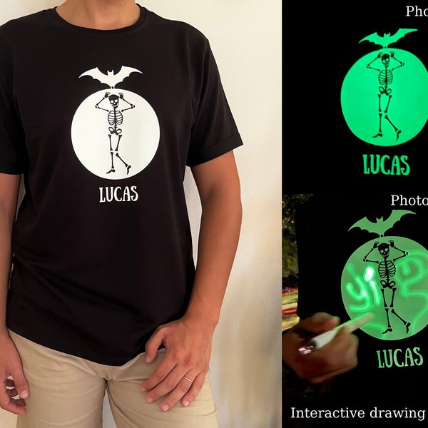 Halloween dancing skeleton t-shirt, Personalized glow in the dark shirt, illuminated apparel shirt, skeleton party t-shirt, funny boy gifts