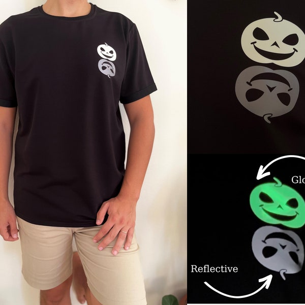 Reflective and illuminated apparel t shirt, funny, cute and smiling pumpkin face t shirt, halloween themed unisex t-shirt, gifts ideas