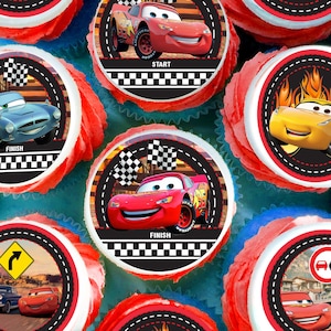 Lightning McQueen Cars Edible Cupcake Toppers – 24 Pre-Cut Pieces on Wafer Paper, Sugar Sheet, or Uncut Chocotransfer