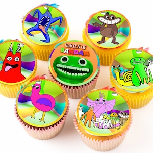 Garten of Banban Edible Cupcake Toppers - 24 Pre-Cut Pieces on Wafer Paper, Sugar Sheet, or Chocotransfer (Non-Edible Holographic Stickers)