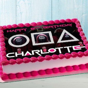 Squid Game Birthday Themed Edible Cake Topper - Rectangular Design - Wafer Paper, Sugar Sheet, Chocotransfer