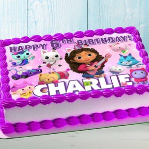 Gabby's Dollhouse Birthday Themed Edible Cake Topper - Rectangular Design - Wafer Paper, Sugar Sheet, Chocotransfer
