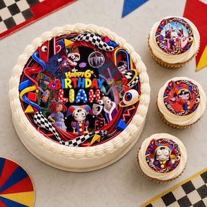 Op de afbeelding: Een ronde verjaardagstaart en drie cupcakes met witte glazuur, voorzien van eetbare prints met kleurrijke stripfiguren, schaakbordpatronen en de tekst Happy 6th BIRTHDAY LIAH in opvallende, veelkleurige letters op de taart.