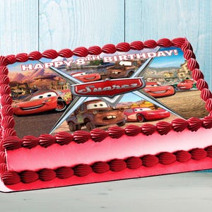 Lightning McQueen Cars Geburtstagsmotto Essbare Tortendekoration - Rechteckiges Design - Oblatenpapier, Zuckergussblatt, Schokoladentransfer