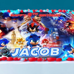 Sonic Birthday Themed Edible Cake Topper - Rectangular Design - Wafer Paper, Sugar Sheet, Chocotransfer