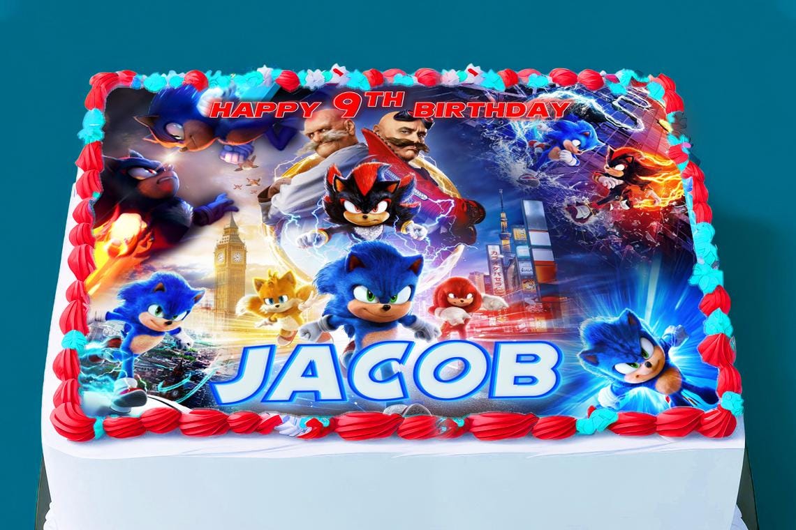 Sonic Birthday Themed Edible Cake Topper - Rectangular Design - Wafer Paper, Sugar Sheet, Chocotransfer