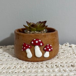 May include: A small, brown ceramic pot with three red and white mushroom decorations. The pot contains a small succulent plant. The pot is sitting on a white, crocheted surface.